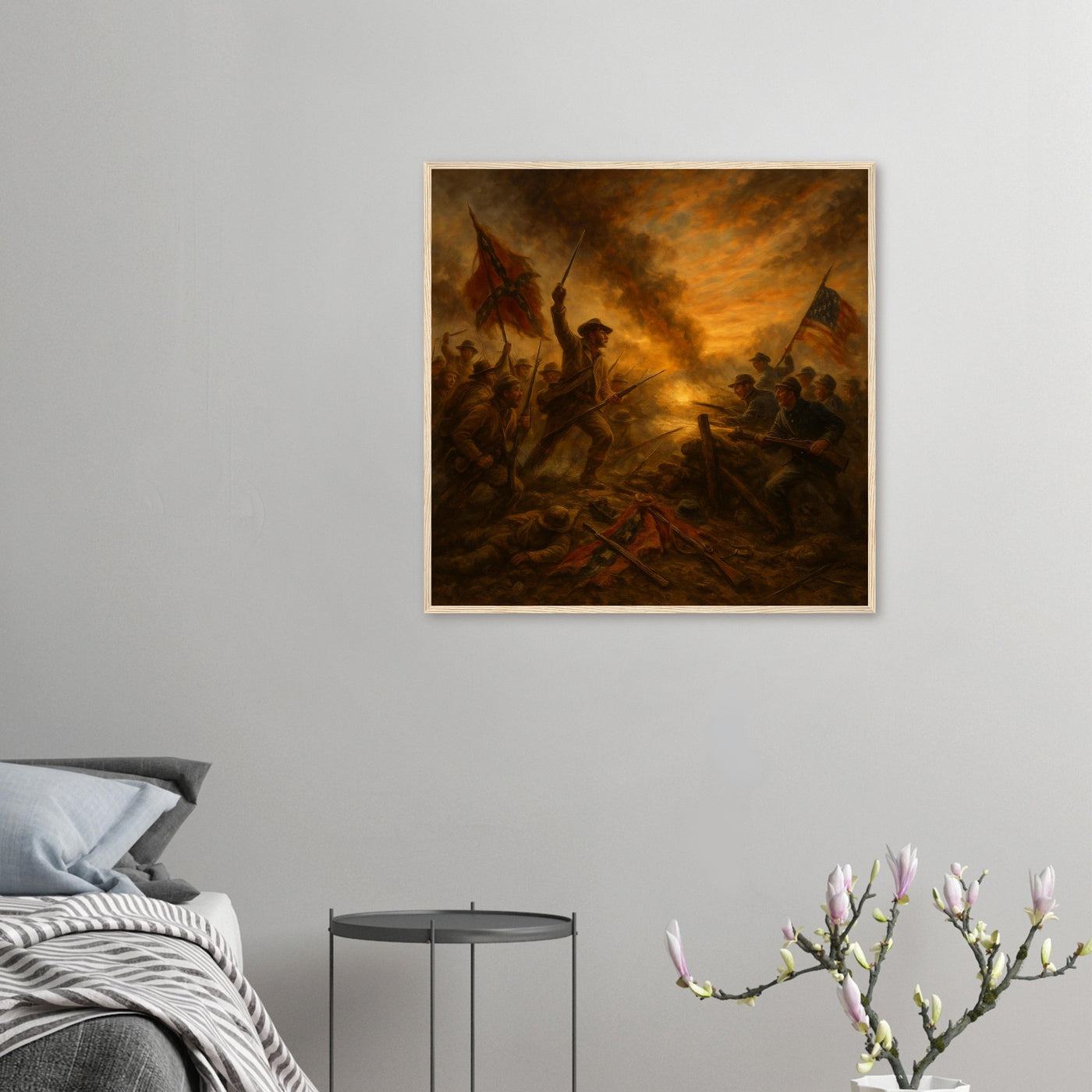 Framed print of Civil War soldiers advancing at dawn, ready to hang.