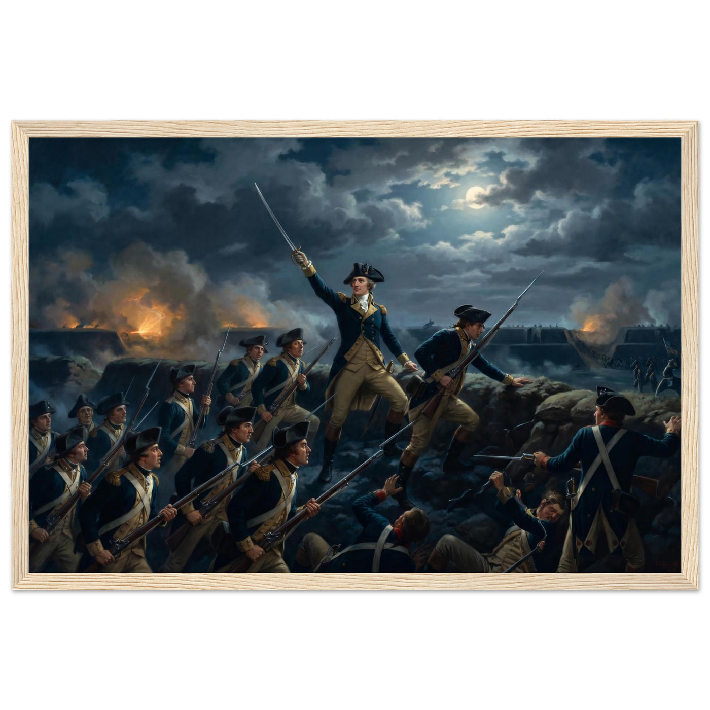 Framed print of the night storming of the redoubt at Yorktown, ready to hang.