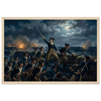Framed print of the night storming of the redoubt at Yorktown, ready to hang.