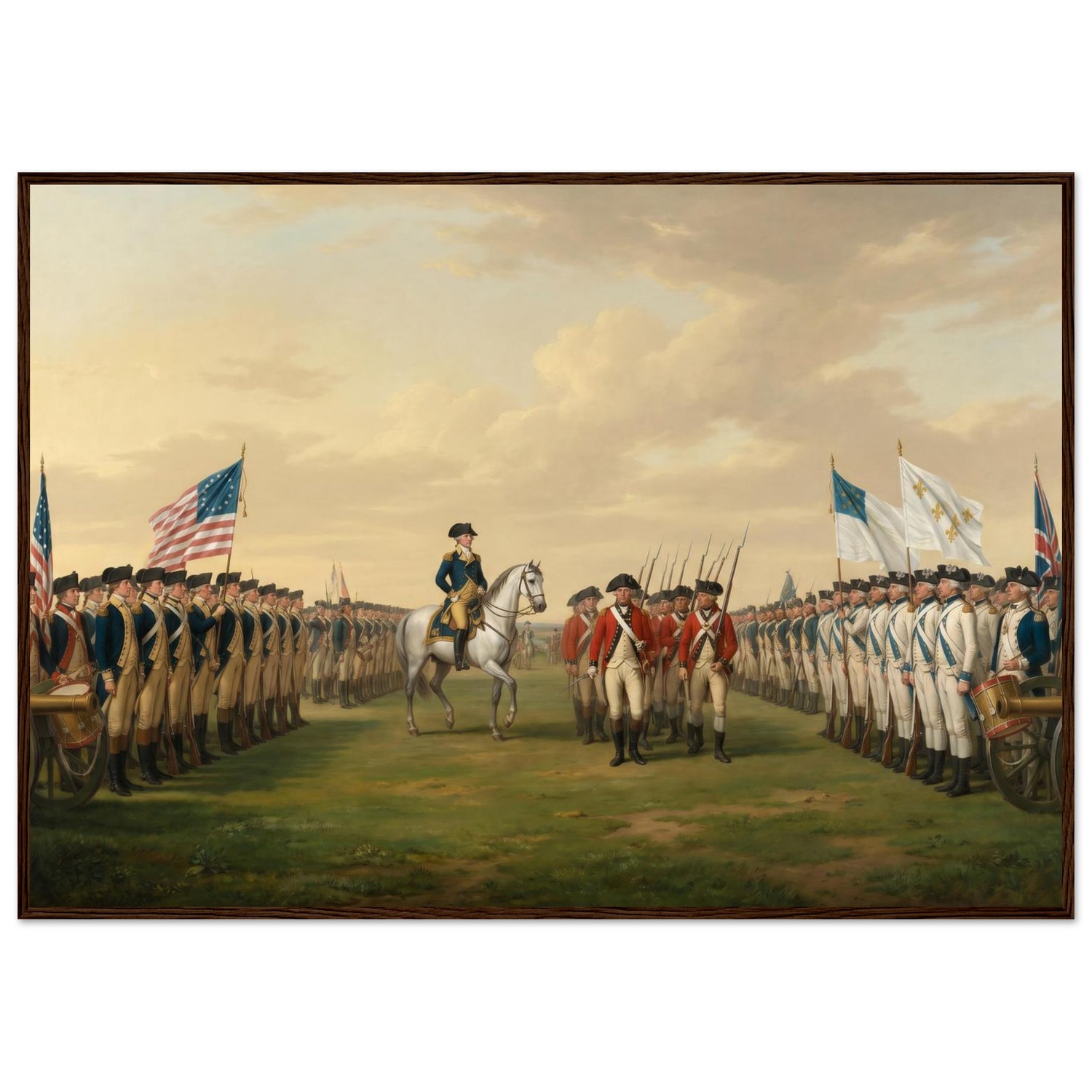 Wooden framed print of the surrender of Cornwallis — room view, ready to hang.