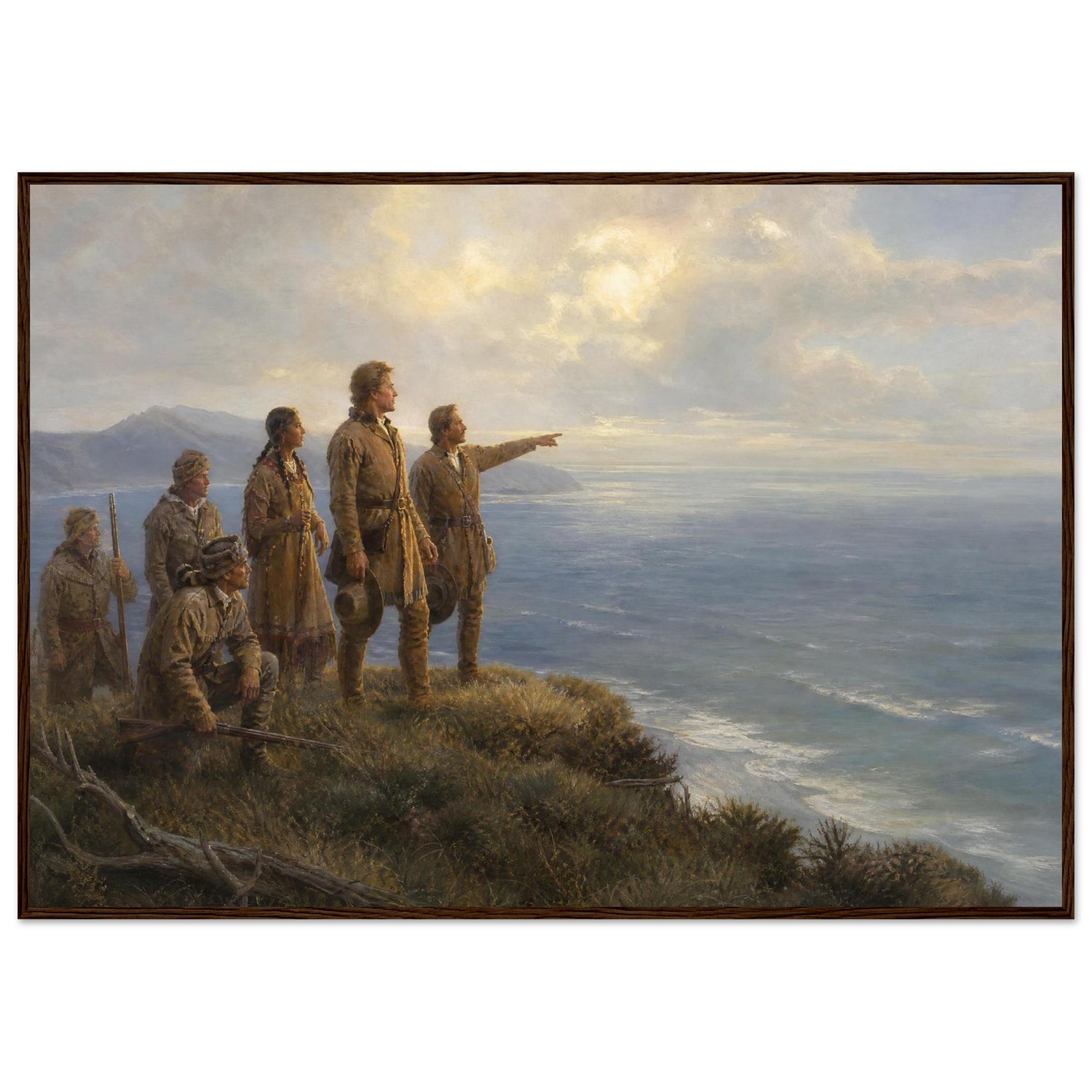 Wooden framed print of Lewis and Clark reaching the Pacific — room view, ready to hang.