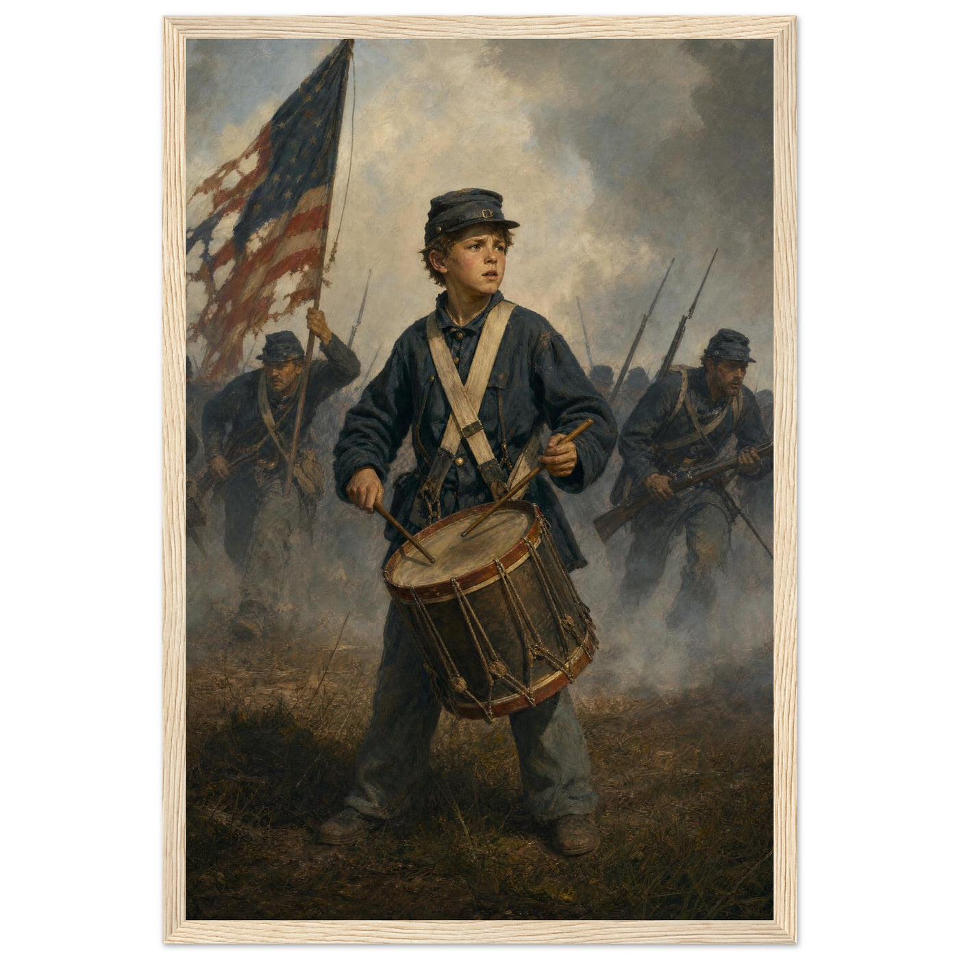 Framed print of a Union drummer boy on the battlefield, ready to hang.