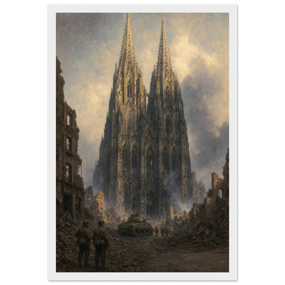 Cologne, March 1945 — framed fine art print of a tank and GIs before the ruined cathedral, 24x36″ in a white frame