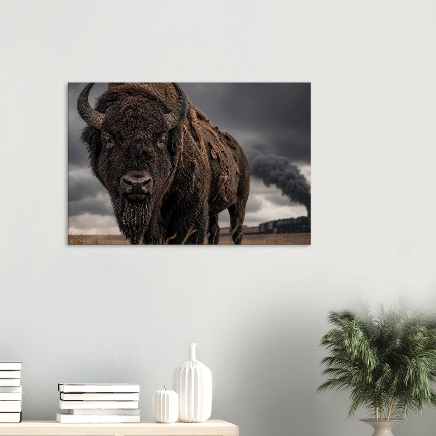 Canvas print of a bison and a train on the plains — room view, ready to hang.