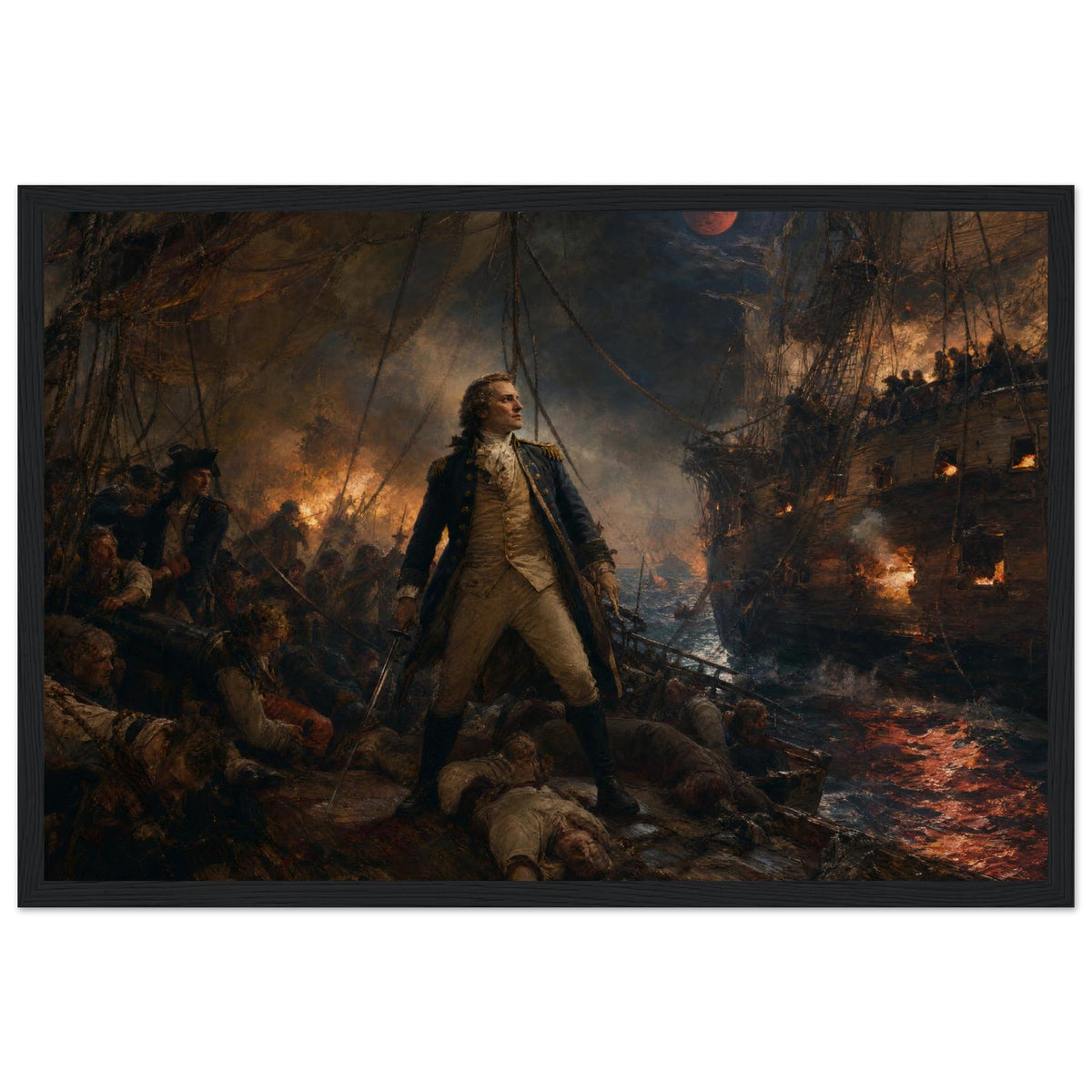 Battle at Sea — framed print of a Revolutionary-era naval officer standing on a burning ship deck among wounded sailors