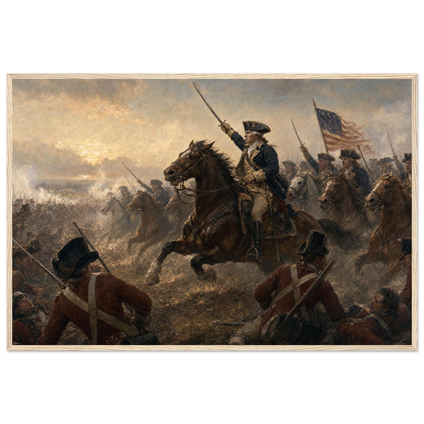 Framed print of a Revolutionary cavalry charge with the flag, ready to hang.