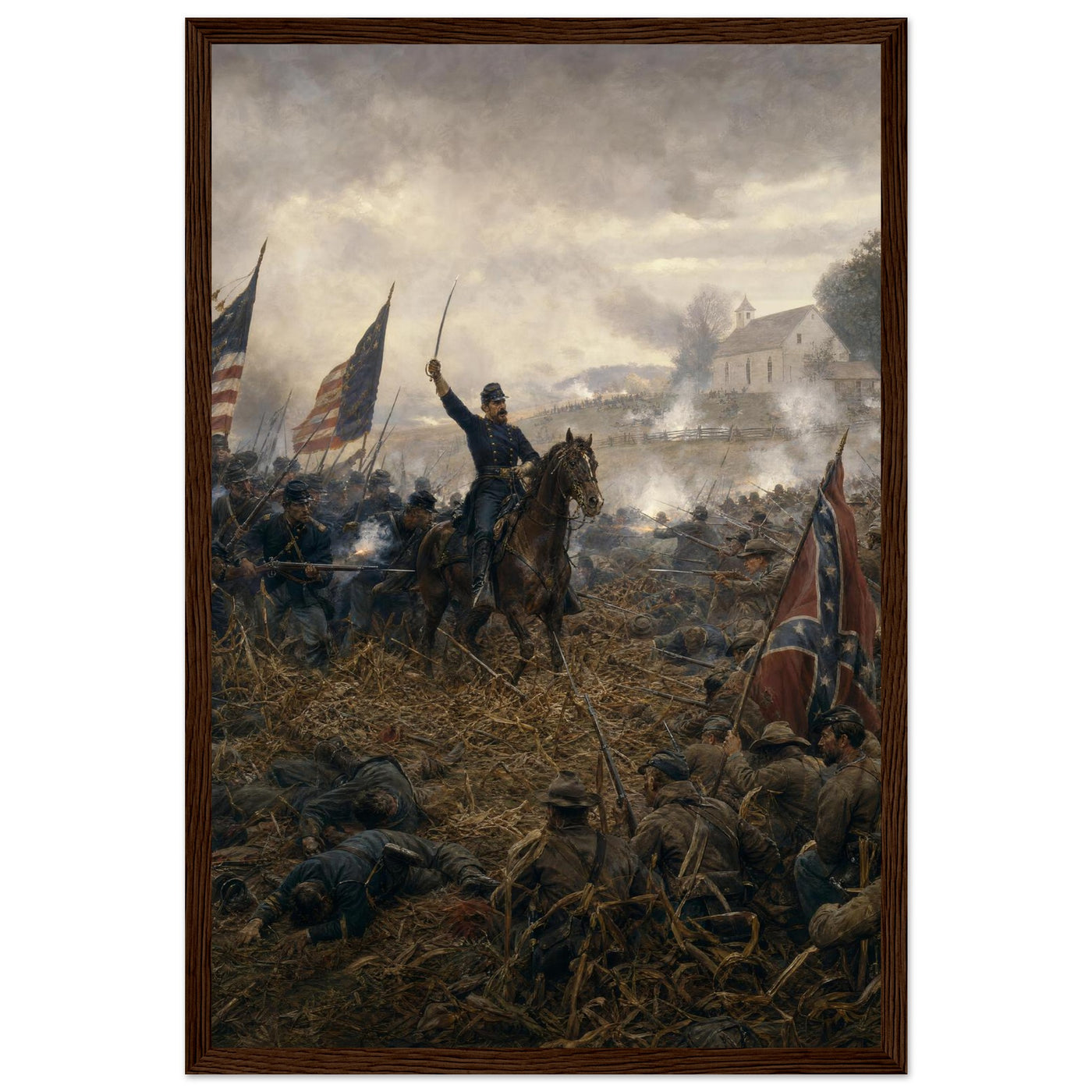Framed print of a Civil War battlefield, ready to hang.