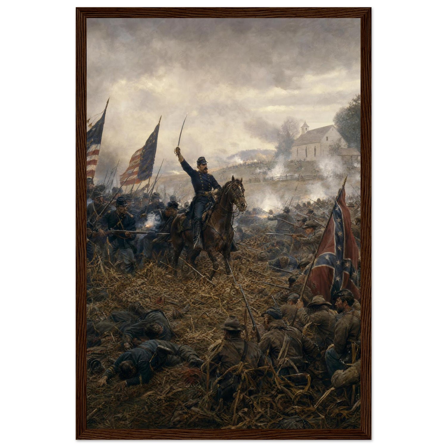 Framed print of a Civil War battlefield, ready to hang.