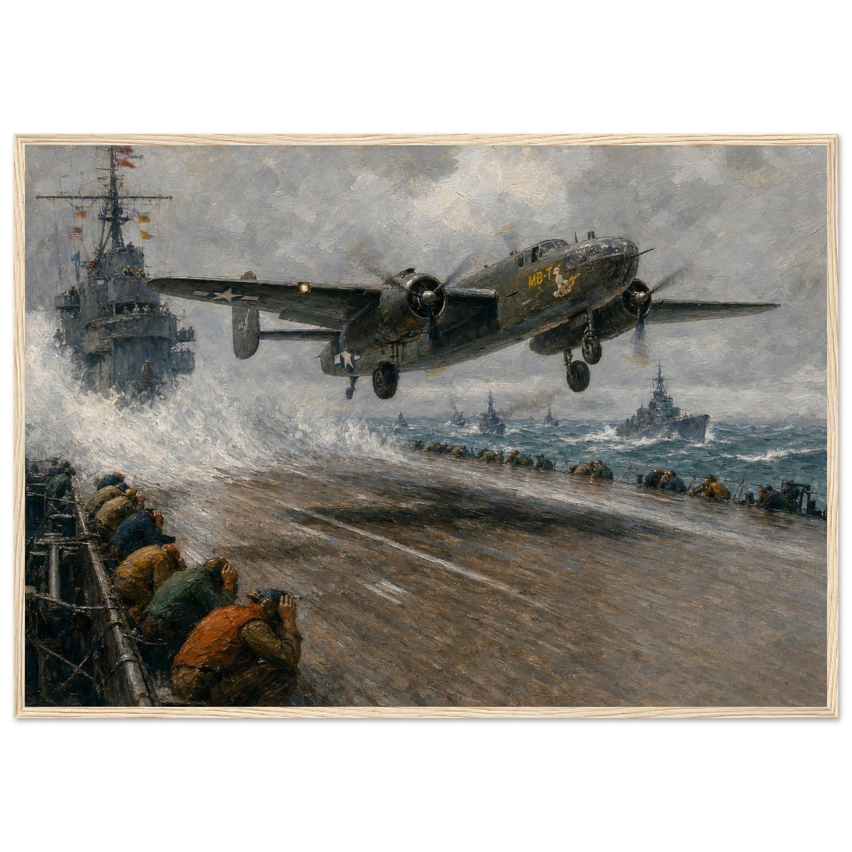 Wheels Up from the Hornet — framed fine art print of a B-25 taking off from a carrier deck, 28x40″ in a natural wood frame