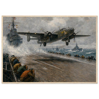 Wheels Up from the Hornet — framed fine art print of a B-25 taking off from a carrier deck, 28x40″ in a natural wood frame