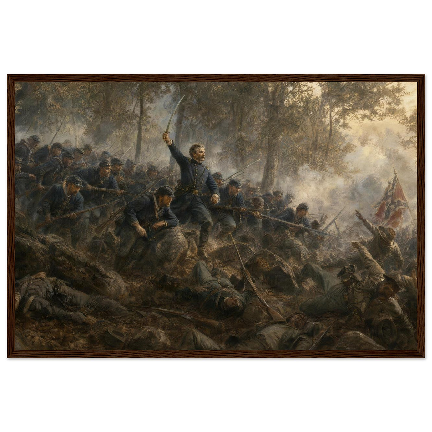 Framed art print of Union infantry charging up a rocky ridge with the colors flying, in a solid wood frame.
