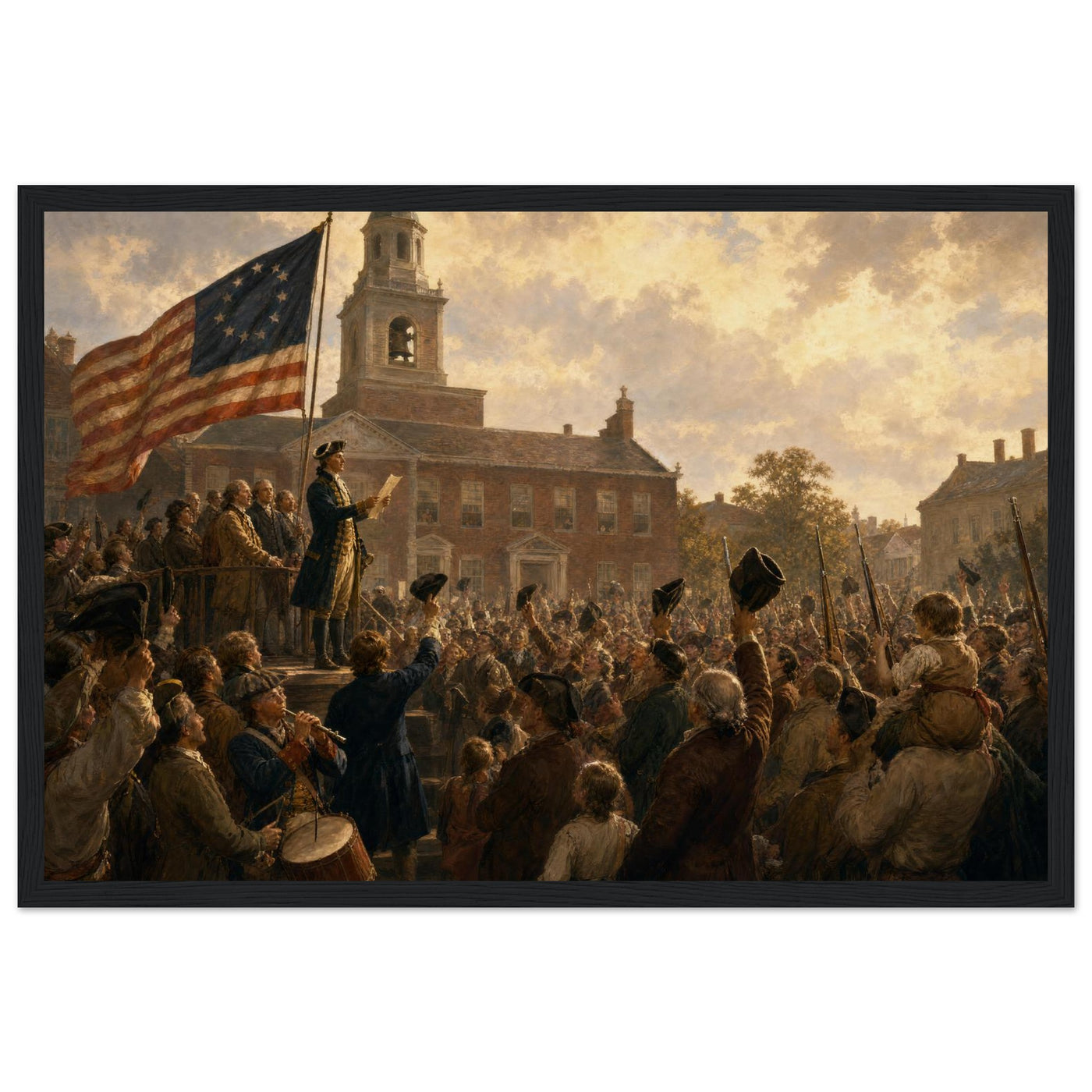 Wooden framed print of the first public reading of the Declaration — room view, ready to hang.