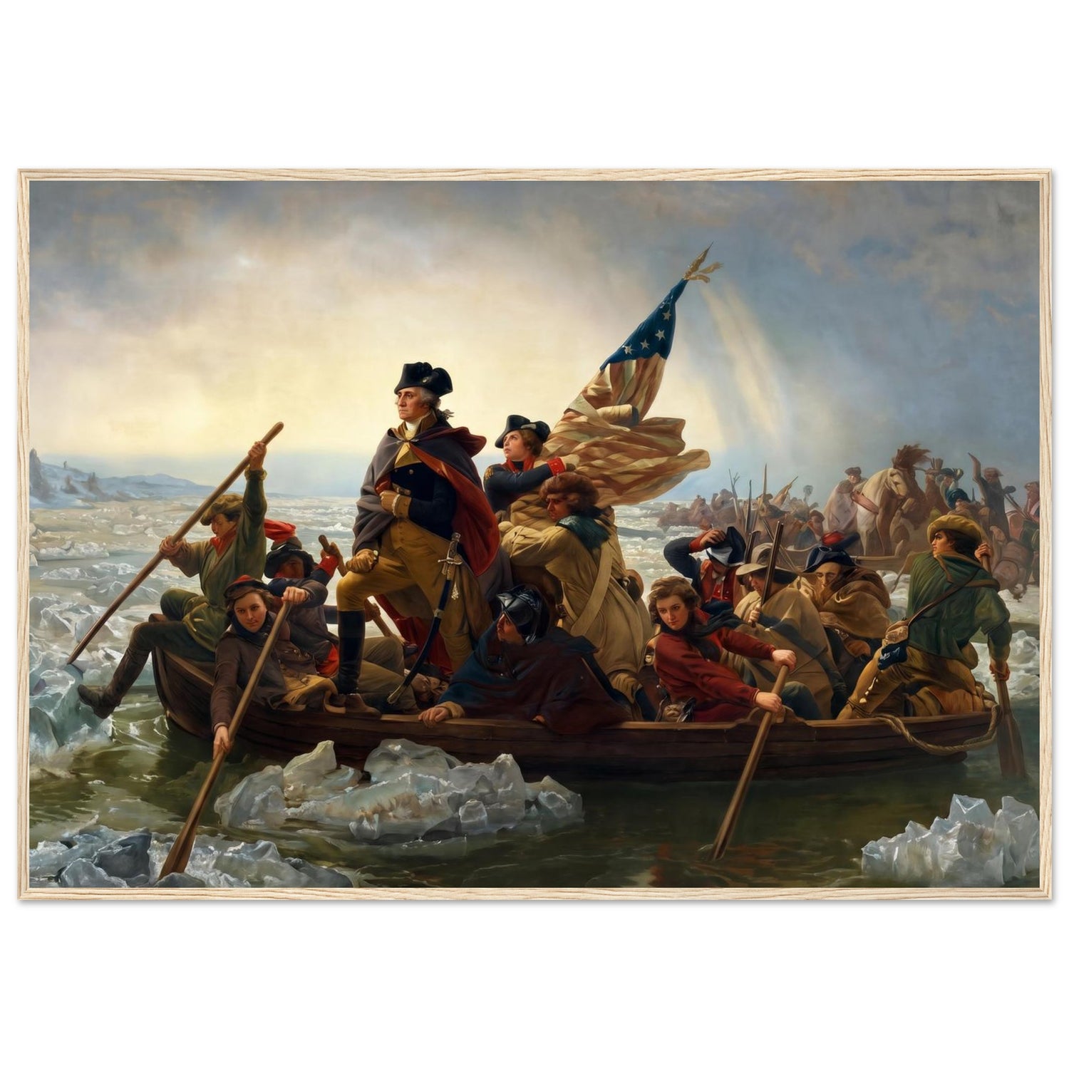 Wooden framed print of Washington crossing the Delaware, ready to hang.