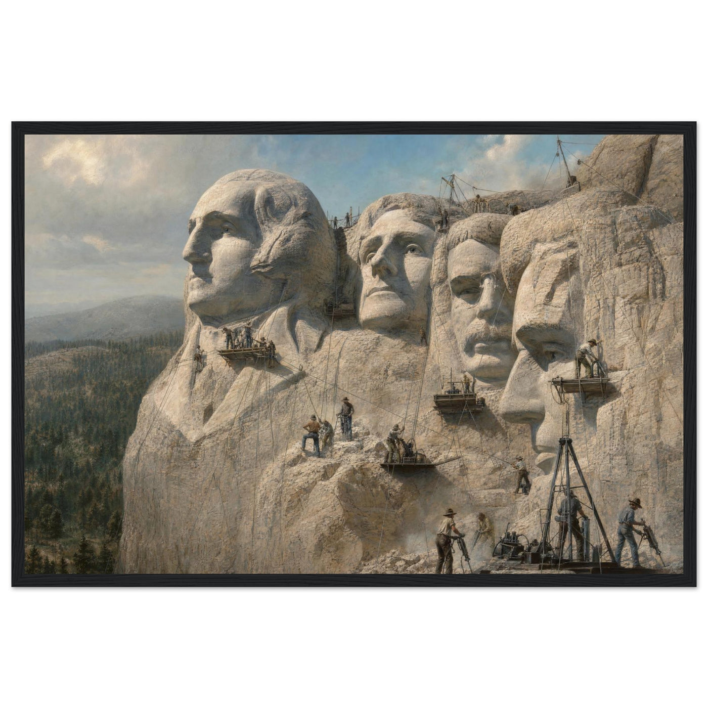 Framed panoramic art print of workers carving the presidential faces of Mount Rushmore, in a solid wood frame.