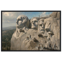 Framed panoramic art print of workers carving the presidential faces of Mount Rushmore, in a solid wood frame.