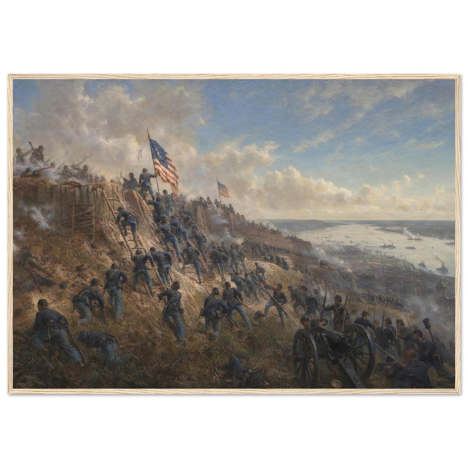 Wooden framed print of the storming of Vicksburg, ready to hang.