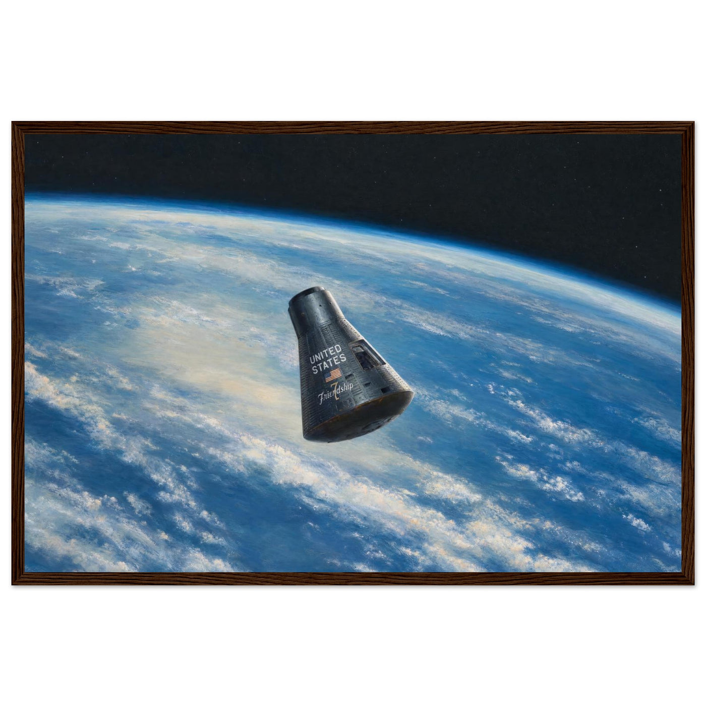 Framed panoramic art print of the Friendship 7 capsule orbiting Earth against the black of space, in a solid wood frame.