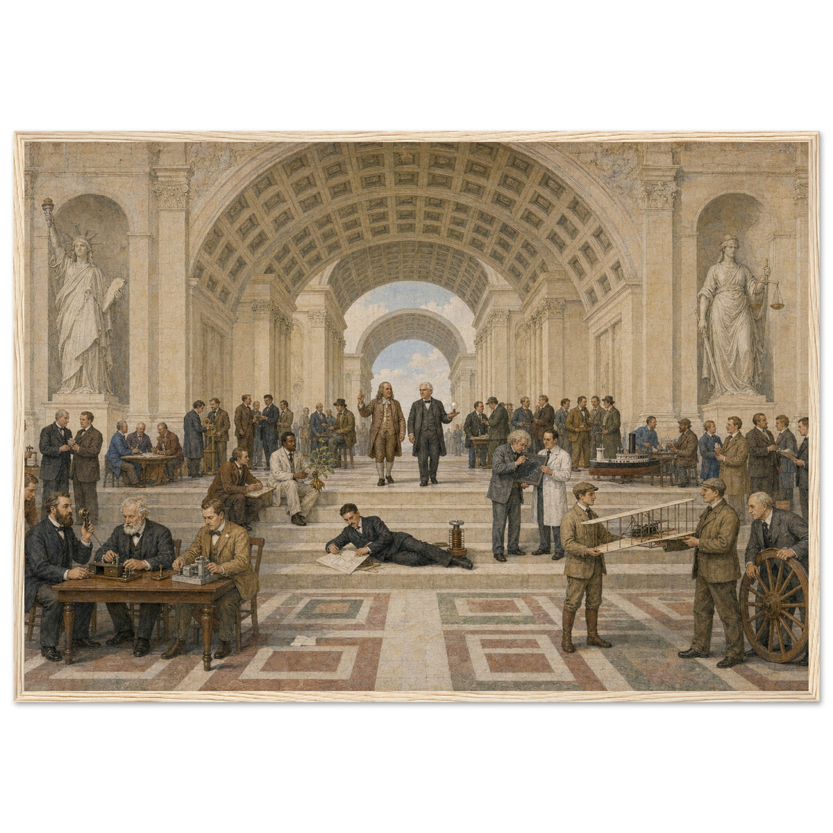 The School of Invention framed print, American inventors in a vaulted hall, in a natural wood frame