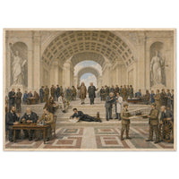 The School of Invention framed print, American inventors in a vaulted hall, in a natural wood frame