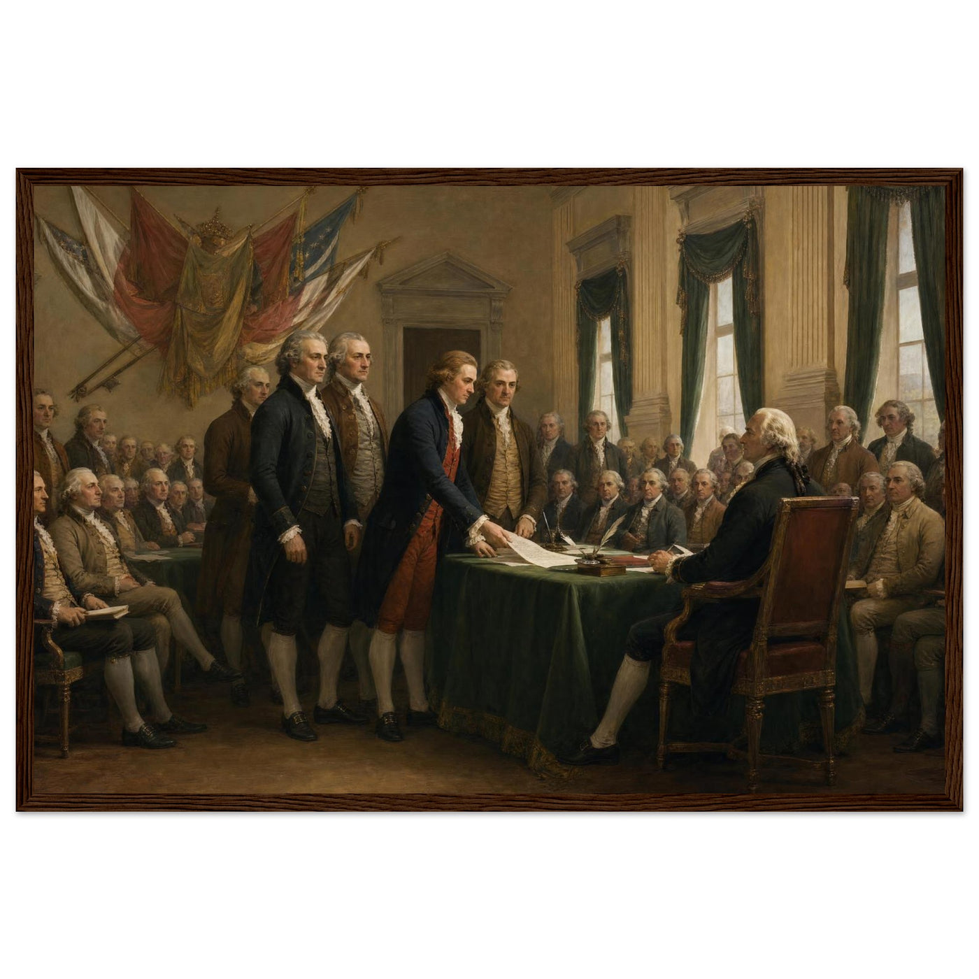 Wooden framed print of the signing of the Declaration — room view, ready to hang.