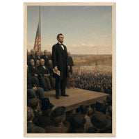 Framed art print of President Lincoln delivering the Gettysburg Address before a vast crowd, in a solid wood frame.