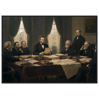 Framed historical painting of President Lincoln seated with his cabinet around a table, in a solid wood frame.