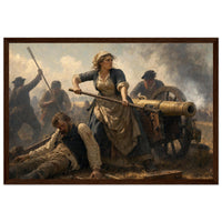 Framed art print of a woman standing defiantly at a cannon amid fallen soldiers on the battlefield, in a solid wood frame.