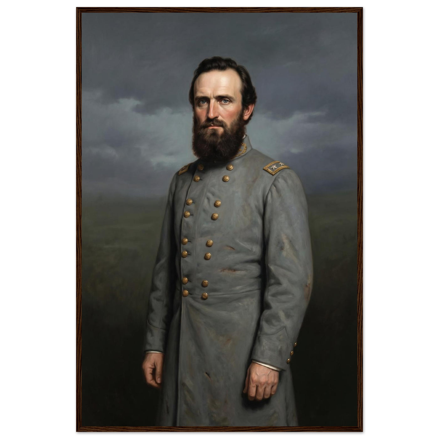 Framed portrait painting of a bearded Confederate general in gray uniform, in a solid wood frame.
