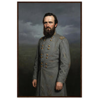 Framed portrait painting of a bearded Confederate general in gray uniform, in a solid wood frame.