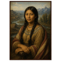 Sacagawea — framed fine art print of a young Shoshone woman seated with folded hands before a river valley and mountains, in a dark wood frame