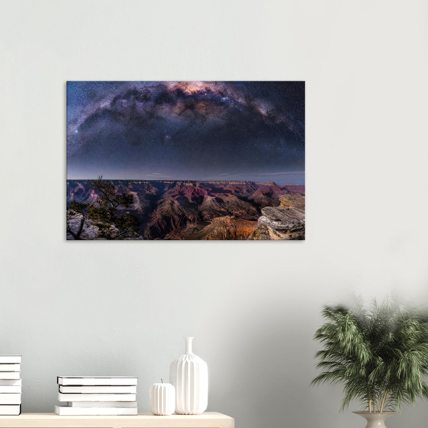 Canvas print of the Grand Canyon under the Milky Way — room view, ready to hang.