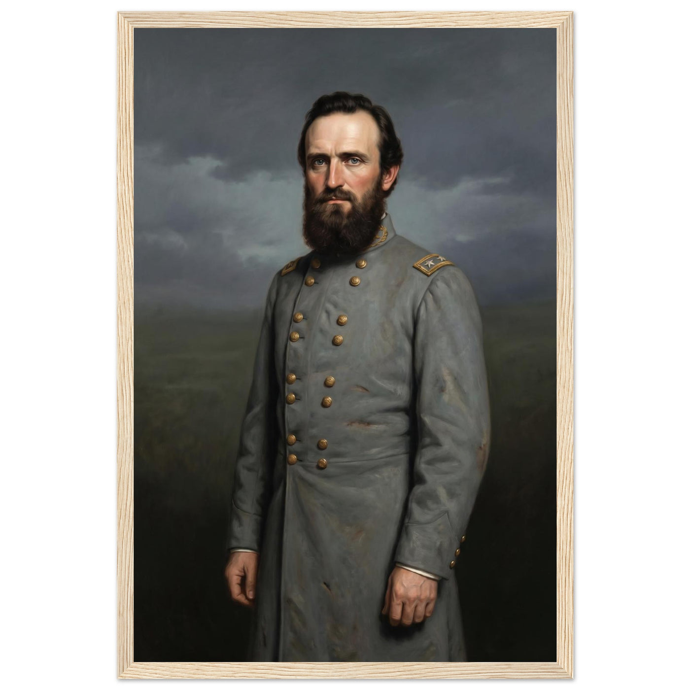 Framed portrait painting of a bearded Confederate general in gray uniform, in a solid wood frame.