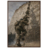 Pointe du Hoc — framed fine art print of Rangers climbing a rope ladder up the cliff, 12x18″ in a dark wood frame