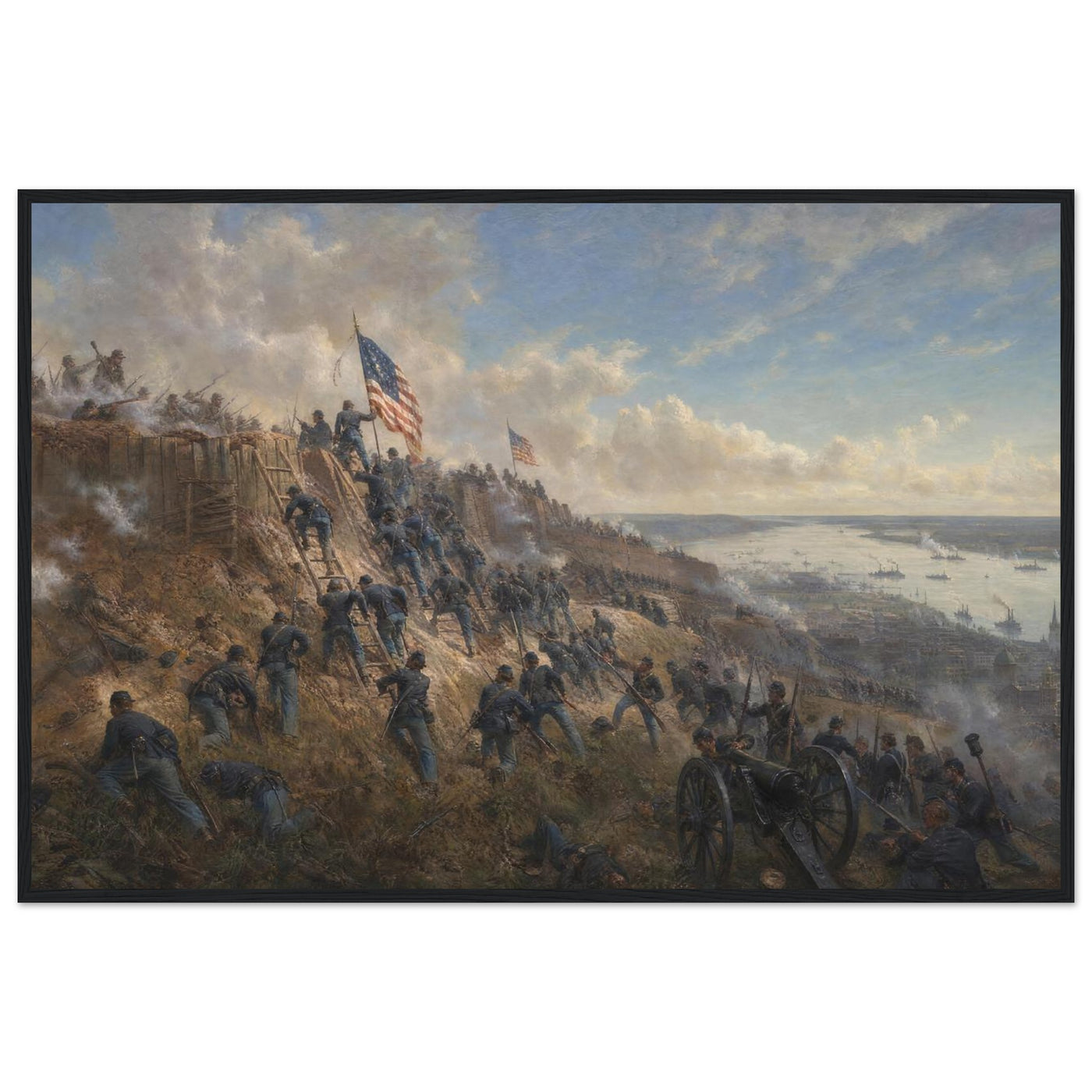 Wooden framed print of the storming of Vicksburg — room view, ready to hang.