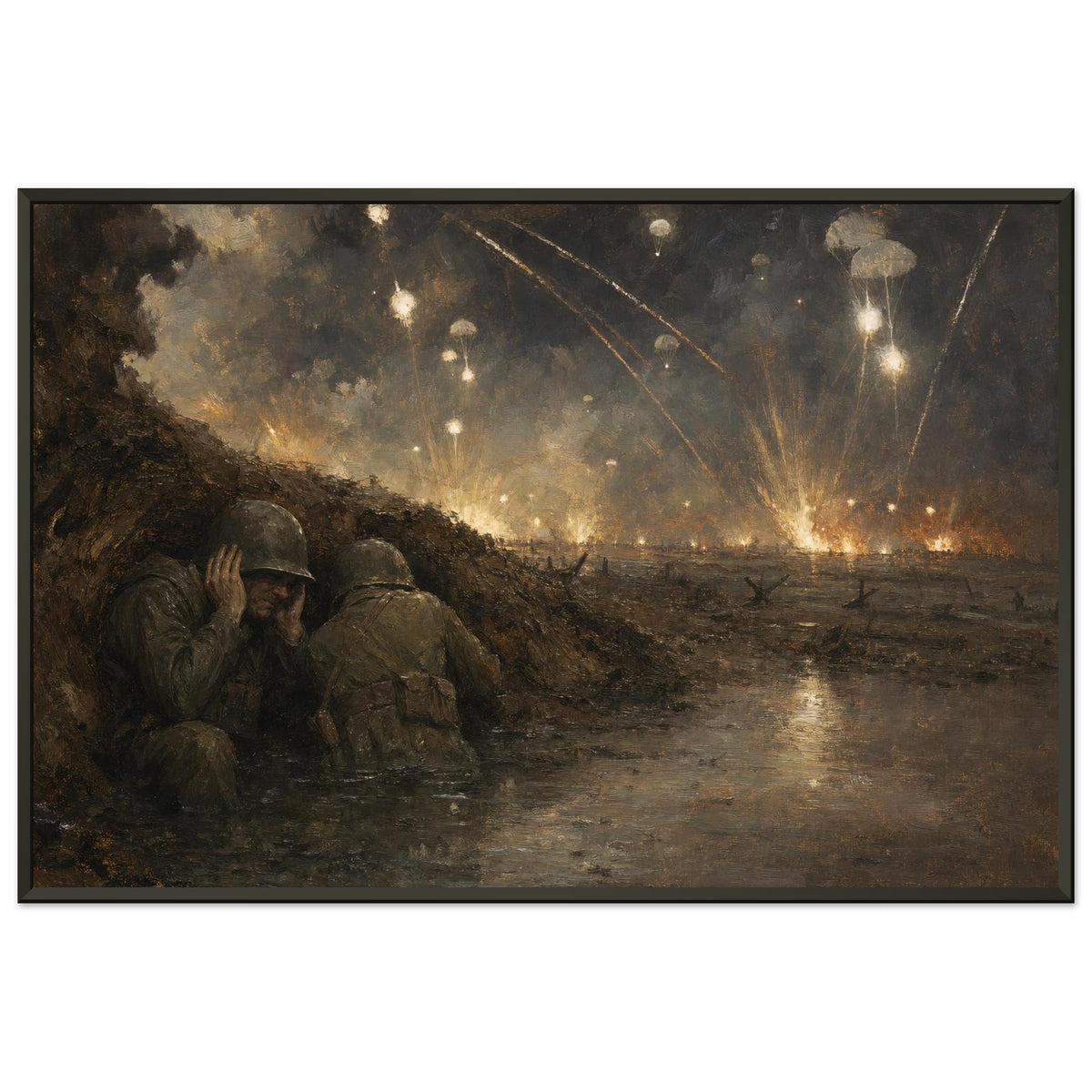 The Anzio Beachhead — framed fine art print of soldiers in a muddy foxhole under flares, 16x24″ in a black frame