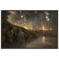 The Anzio Beachhead — framed fine art print of soldiers in a muddy foxhole under flares, 16x24″ in a black frame