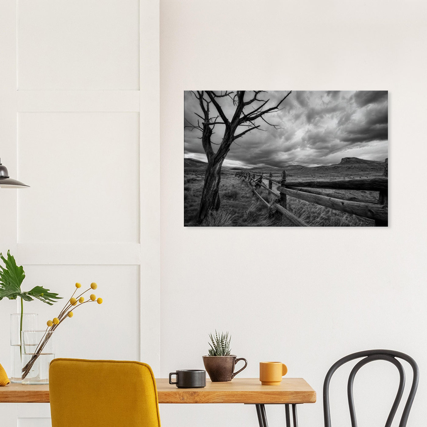 Canvas print of a lone tree and rustic fence — room view, ready to hang.