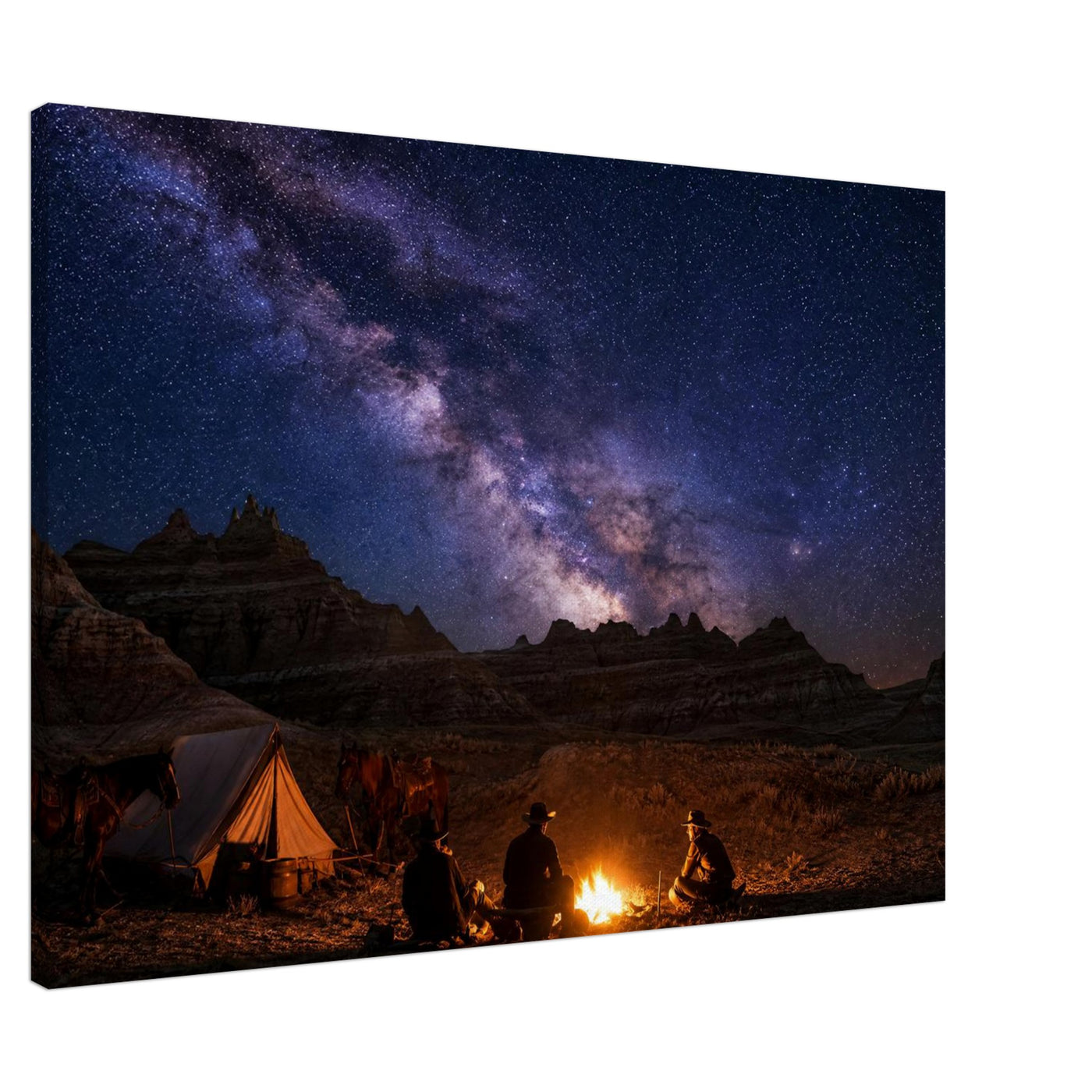 Canvas print of a campfire beneath the Milky Way — room view, ready to hang.