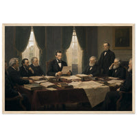 Framed historical painting of President Lincoln seated with his cabinet around a table, in a solid wood frame.