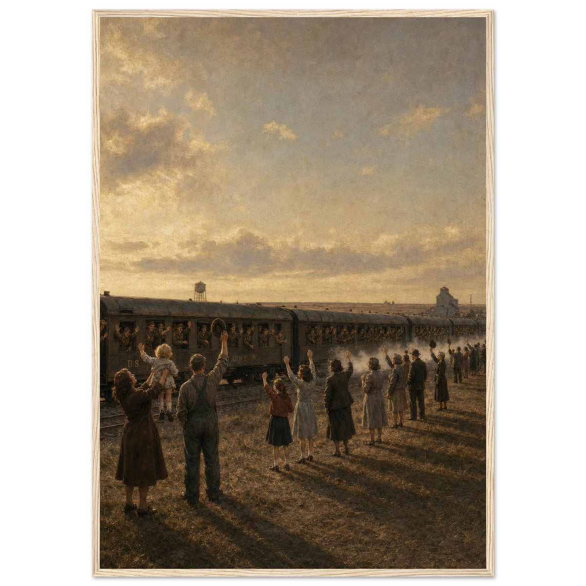The Troop Train — framed fine art print of families waving off a troop train, 12x18″ in a natural wood frame
