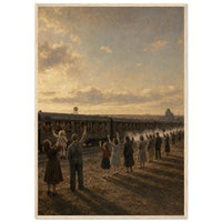 The Troop Train — framed fine art print of families waving off a troop train, 12x18″ in a natural wood frame