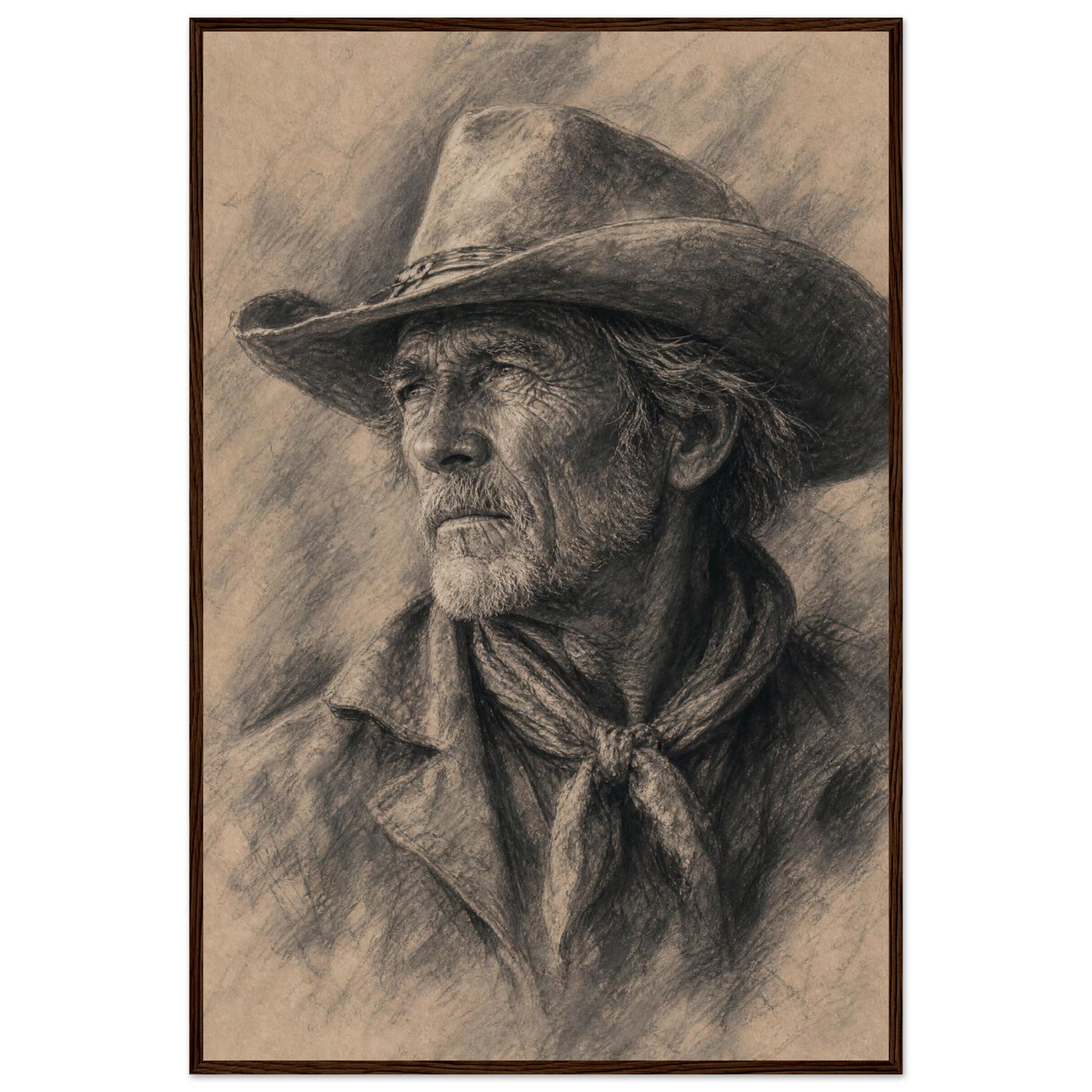 Framed black-and-white charcoal portrait of a weathered old cowhand, in a solid wood frame.