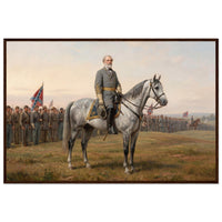 Framed equestrian painting of General Lee mounted with his Confederate generals, in a solid wood frame.