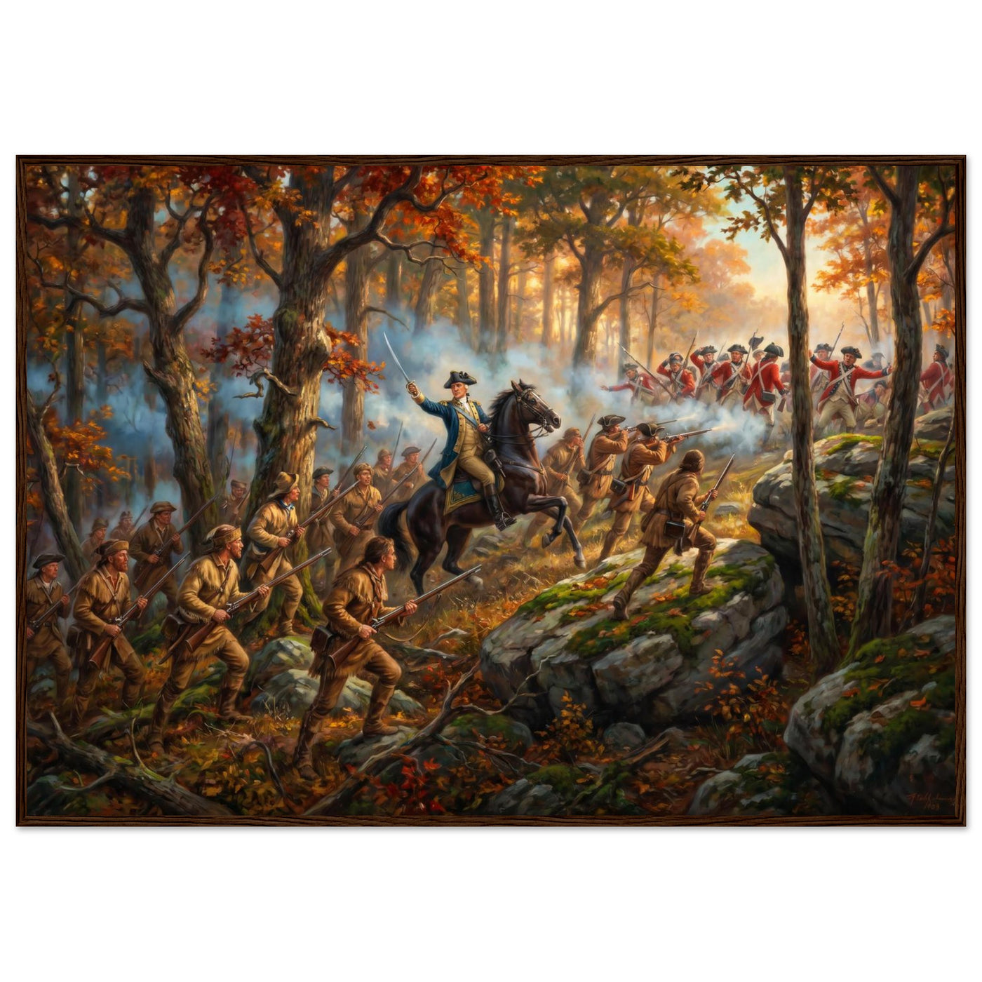 Framed print of a Revolutionary forest ambush, ready to hang.