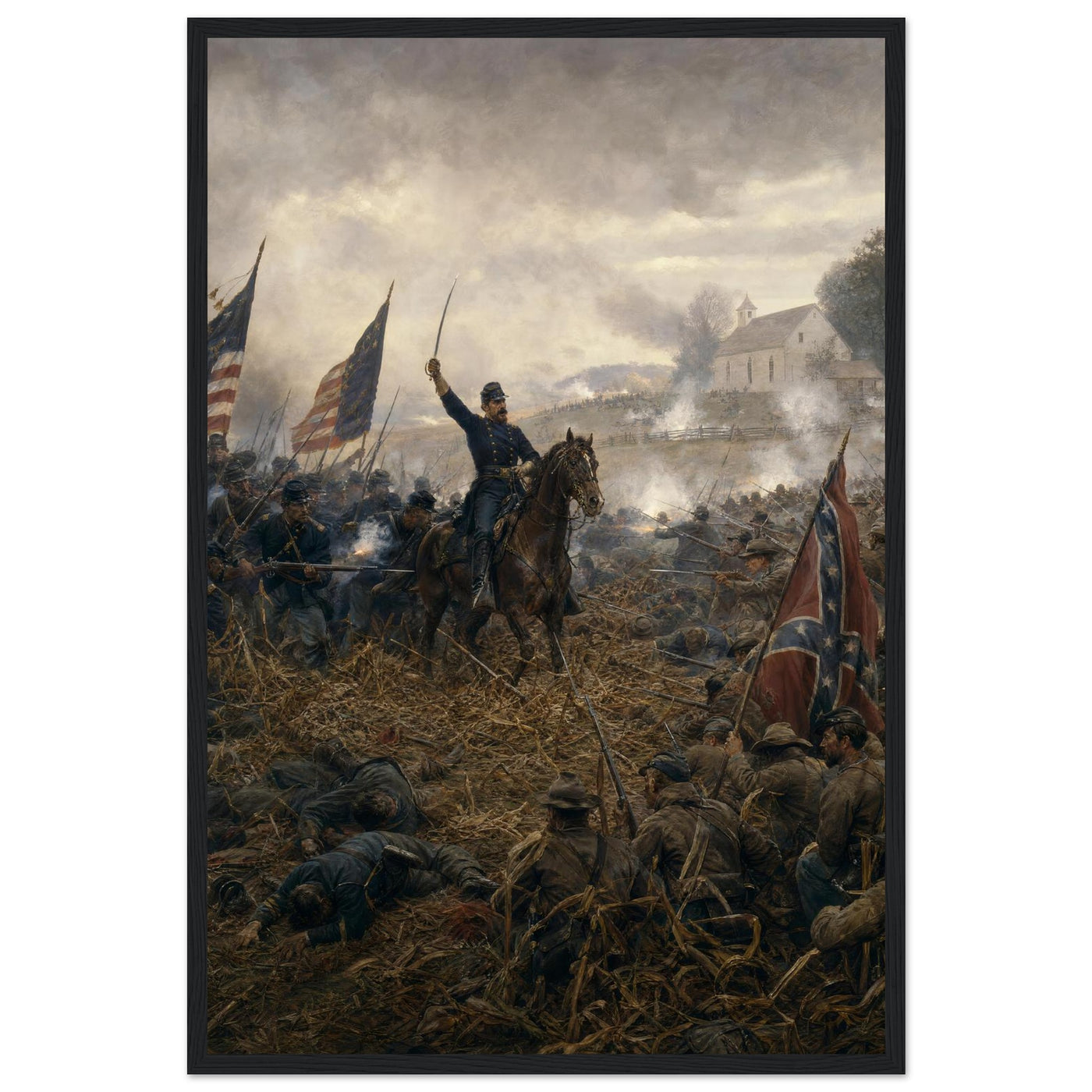 Framed print of a Civil War battlefield, ready to hang.