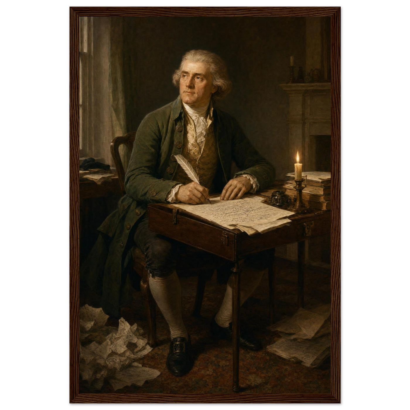Framed portrait of Thomas Jefferson at his writing desk, ready to hang.