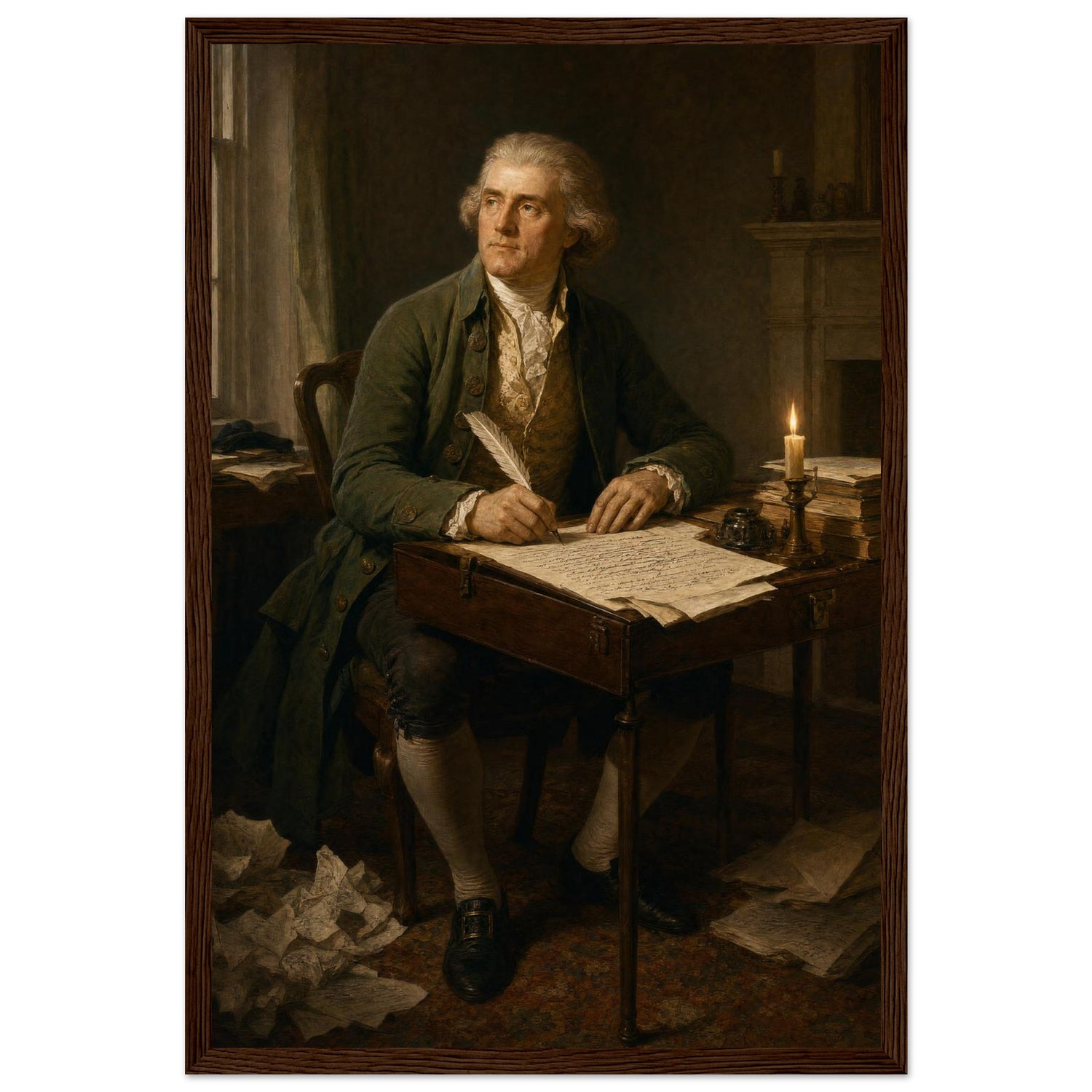 Framed portrait of Thomas Jefferson at his writing desk, ready to hang.