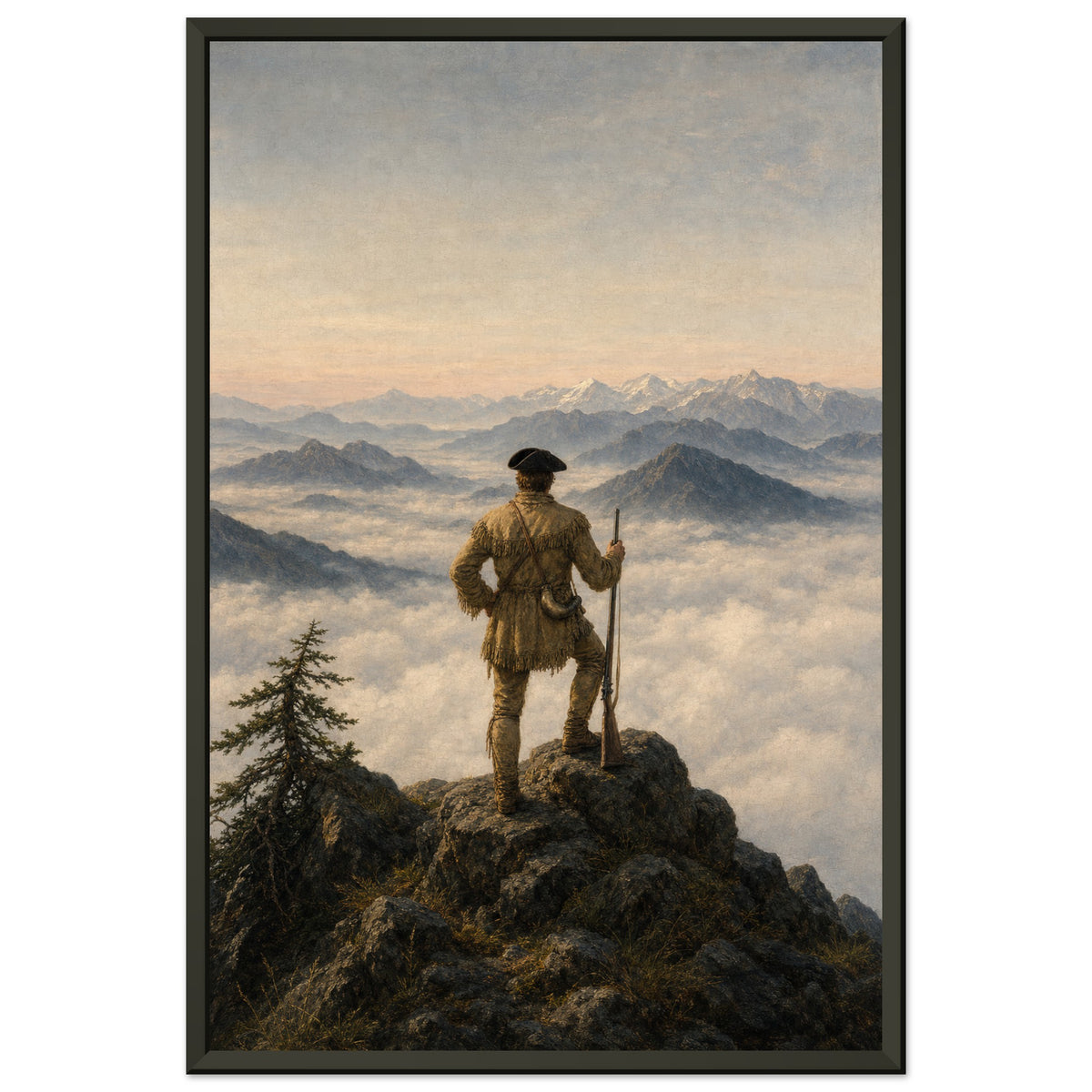 Lewis at the Divide — framed fine art print of a man in a fringed buckskin shirt standing on a crag with a rifle above a sea of cloud, in a black frame