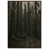 Among the Trunks, Hurtgen — framed fine art print of three GIs in a shattered forest, 12x18″ in a dark wood frame