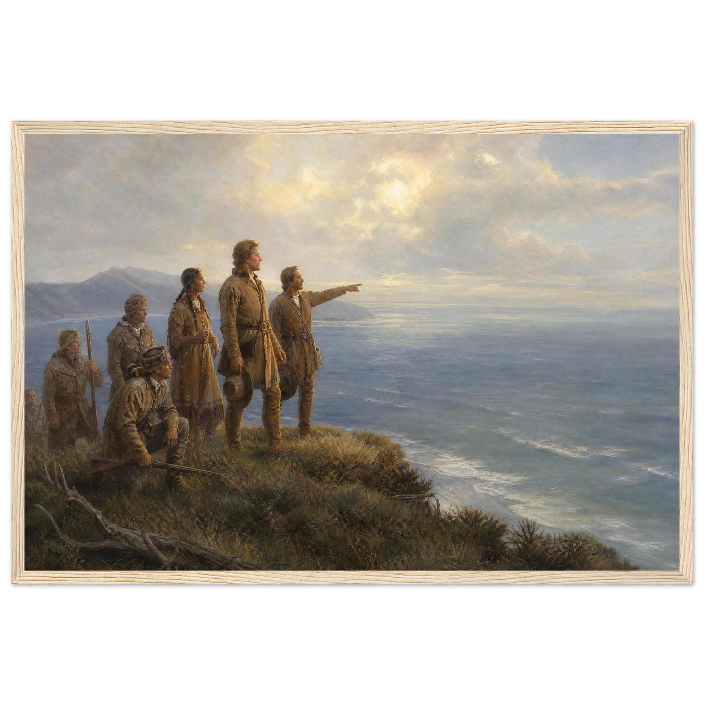 Wooden framed print of Lewis and Clark reaching the Pacific — room view, ready to hang.